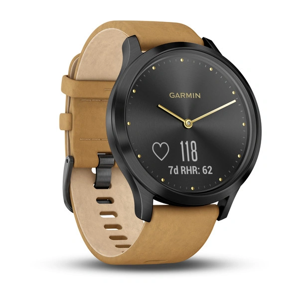 Часы Garmin Vivomove HR Premium черный оникс с светло-коричневым кожаным ремешком

